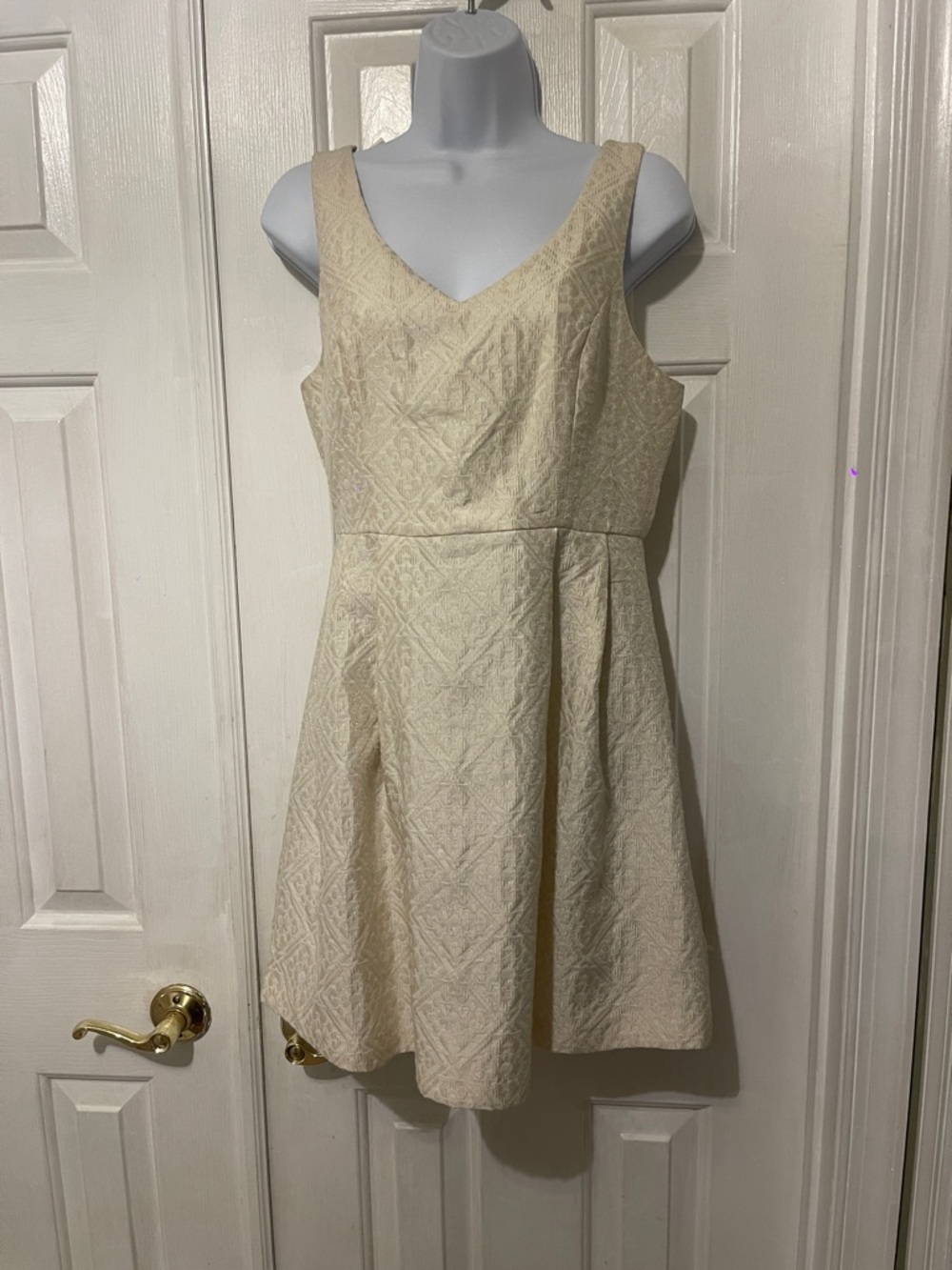 Q.B Flare Classic Cream Textured V-Neck Dress
